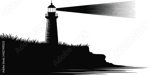 A striking silhouette of a coastal lighthouse stands tall, casting a beam of light across the water, evoking a sense of guidance, navigation, and maritime heritage in a minimalist design.