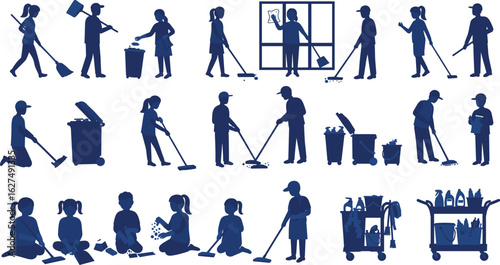 Comprehensive Cleaning Activities, Diverse Cleaning Tasks, People Cleaning Indoors, Household Chores, Cleaning Equipment, Teamwork, Cleaning Supplies, Routine, Tools, Services