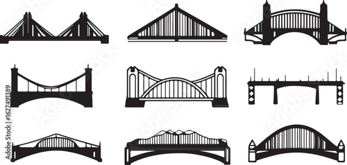 Collection of nine diverse bridge silhouettes showcasing various architectural styles and structural designs in black and white