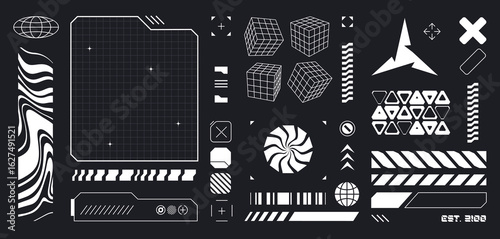 Cyberpunk HUD design elements in white on black - futuristic interface kit with grid wireframes, geometric shapes, digital patterns and tech symbols. Sci fi UI components. Data bars for game screens.