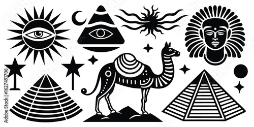Mystical symbols collection featuring camel pyramids eye of providence and sun