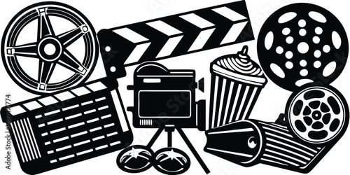 Collection of vintage film making equipment and movie snacks for cinema production