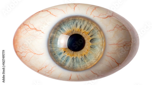 Close up of a human eyeball with blue and yellow iris