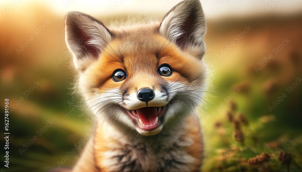 Obraz premium Smiling baby fox with fluffy fur and expressive eyes in warm natural light. Children’s books, woodland character design, wildlife branding, educational posters. Cute forest-themed visuals.