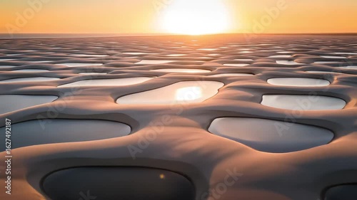 Dramatic Aerial View of Sand Dunes and Lagoons During Sunset in Lencois Maranhenses with Golden Light and Peaceful Atmosphere