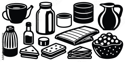 Collection of stylized black and white dairy products and baked goods icons