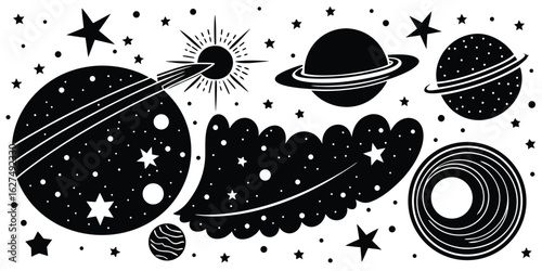 Whimsical black and white hand drawn space galaxy planets stars and celestial elements