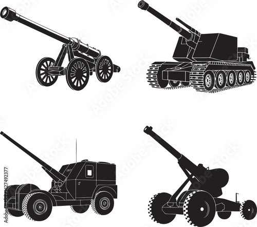 Artillery silhouette set vector illustration isolated on transparent background