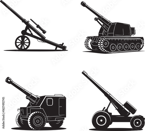 Artillery silhouette set vector illustration isolated on transparent background