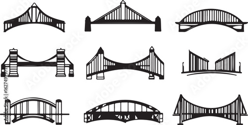 Collection of diverse bridge silhouettes showcasing various architectural styles and engineering designs
