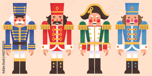 Nutcracker characters set - soldiers in green, red and blue uniform, tricorn and shako hat. Christmas figures for holiday decoration, festive theater performance illustration