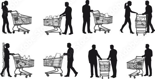 Silhouettes of people shopping, grocery store activity, retail consumer behavior, diverse interactions, everyday shopping scenes, carts, store, Adobe Stock