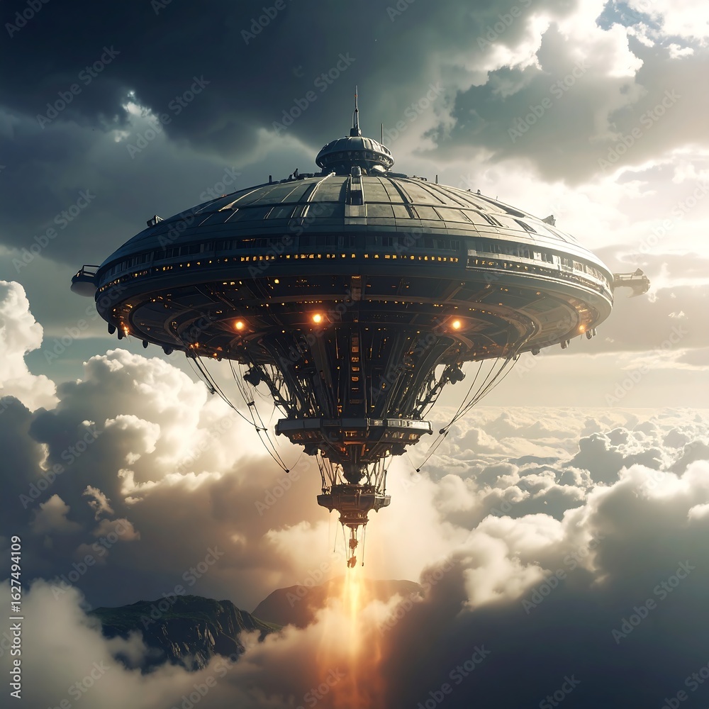Fototapeta premium Futuristic UFO hovering above clouds