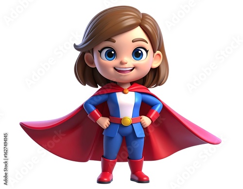 A cheerful, 3D-rendered girl superhero in a red cape and blue suit, confidently posed