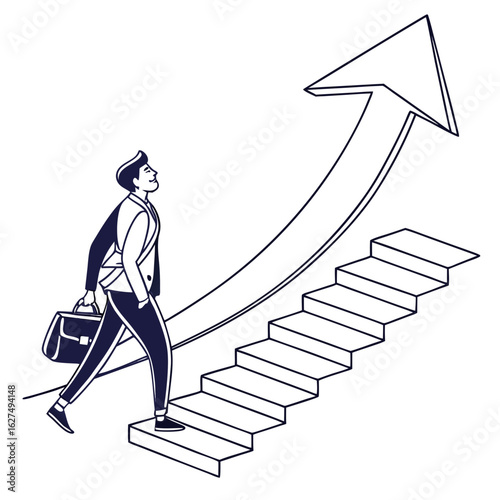 A businessman climbing stairs with arrow pointing upwards showing career growth isolated on white background