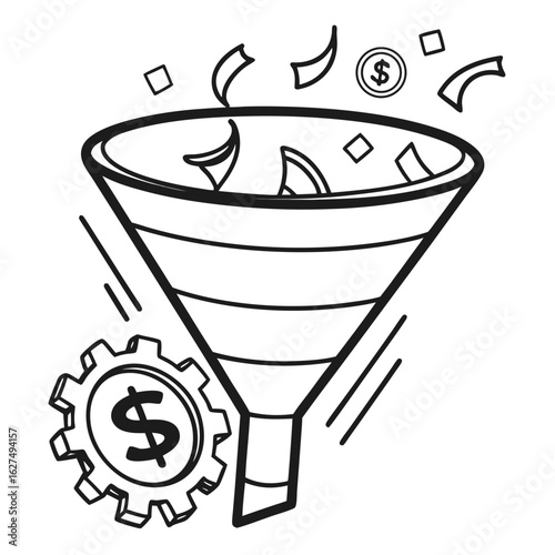 Illustration of a sales funnel with money and a gear, representing the process of converting leads into customers