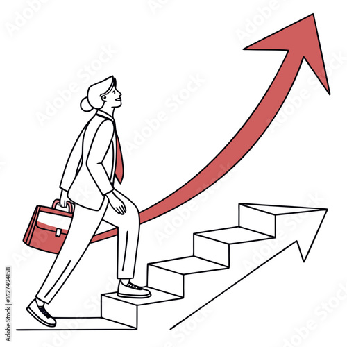 Illustration of a businesswoman climbing stairs with arrow isolated on white background, symbolizing career growth