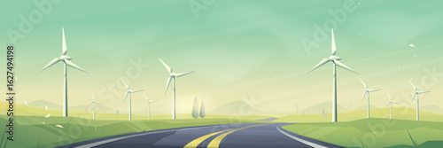 Wind energy landscape with turbines along curved asphalt highway - sustainable power generation farm on rolling green hills. Clean renewable electricity infrastructure for eco friendly development