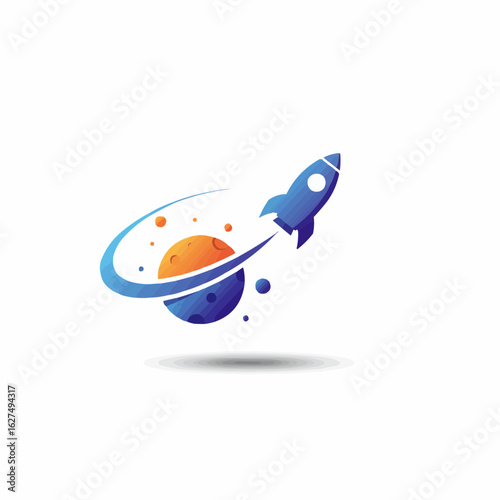 A stylized logo featuring a rocket launching from a planet in space.