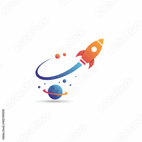 Colorful rocket ship blasting off, orbiting planet in space.