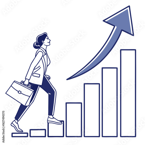 Illustration of a businesswoman climbing a bar chart, symbolizing career growth and success isolated on white background