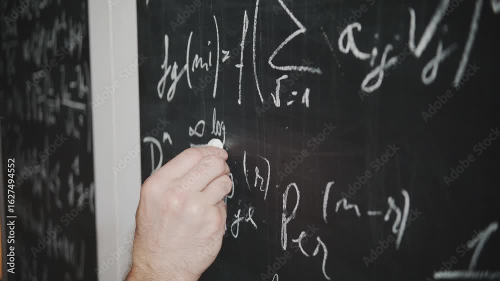 A close-up shot of a scientist's or teacher's hand writing a complex math or physics equation on a blackboard. Concept of education, academia, research, and problem-solving