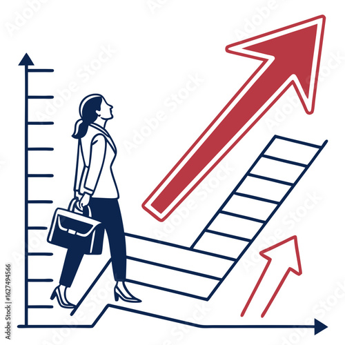 Businesswoman climbing growth chart with arrows, symbolizing career success and achievement isolated on white background