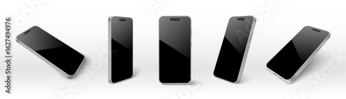 Modern smartphone mockup showing silver device from different angle views - horizontal flat, vertical standing, tilted perspective with black glossy screen for app presentation or digital marketing.