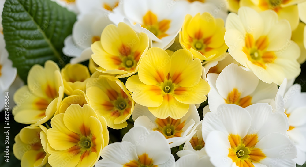 Naklejka premium A vibrant bouquet of yellow and white tulips and daffodils blooms in the spring garden