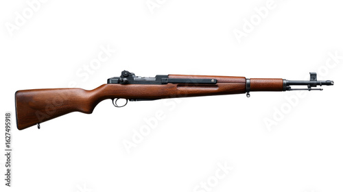 M1 Garand Rifle: An impeccably detailed studio shot of a classic M1 Garand rifle, showcasing its elegant design, wood grain stock, and iconic features.