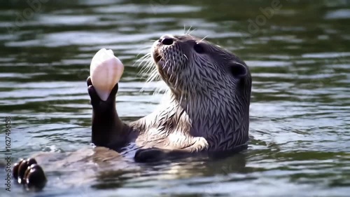 Adorable River Otter Floating on Its Back Holding a Seashell in River