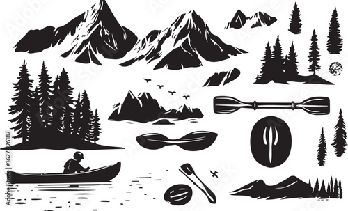 Vintage hand drawn mountain landscape with canoeist and camping gear elements