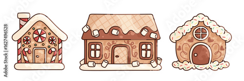 Gingerbread house collection - candy home with peppermint wheels, chocolate cottage with wafer roof and marshmallows, cookie dwelling in frosting sprinkles for Christmas holiday baking designs.