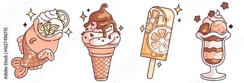 Kawaii ice cream set - taiyaki fish with whipped topping and citrus, chocolate soft serve cone, orange popsicle decorated with sparkles, layered parfait in glass with flowers for frozen desserts.