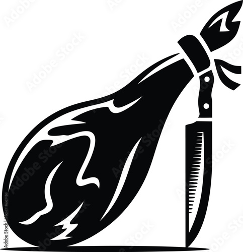 A stylized black and white graphic features a cured ham leg alongside a carving knife, perfect for culinary themes, Spanish cuisine, or butcher shop designs, offering a clean, modern aesthetic.