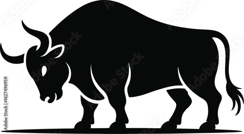 A powerful black bull silhouette stands strong, showcasing its muscular build and prominent horns, ideal for logos, branding, and designs representing strength and resilience.