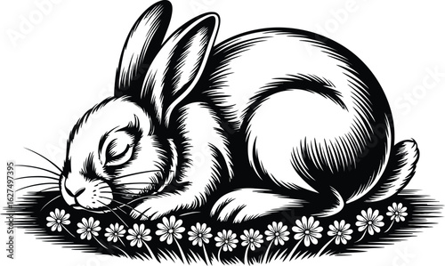 A serene monochrome illustration features a sleeping rabbit nestled among delicate daisies, showcasing intricate linework and a peaceful, natural scene perfect for various design projects.