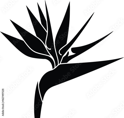 A striking black silhouette of a Bird of Paradise flower showcases its unique shape and tropical elegance, perfect for botanical designs and artistic floral projects.