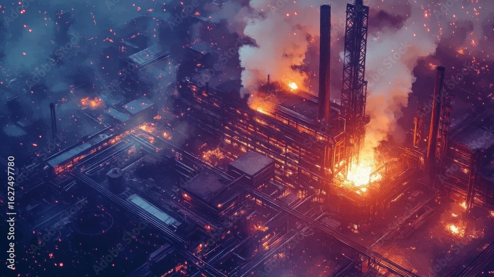 Fototapeta premium Aerial view of industrial complex engulfed in large-scale fire