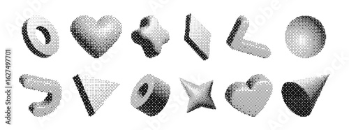 Y2k brutalism pixel shapes with halftone gradient effects for modern graphic design and digital art. Abstract geometric forms with dotted texture patterns. Retro futuristic elements for web or print.