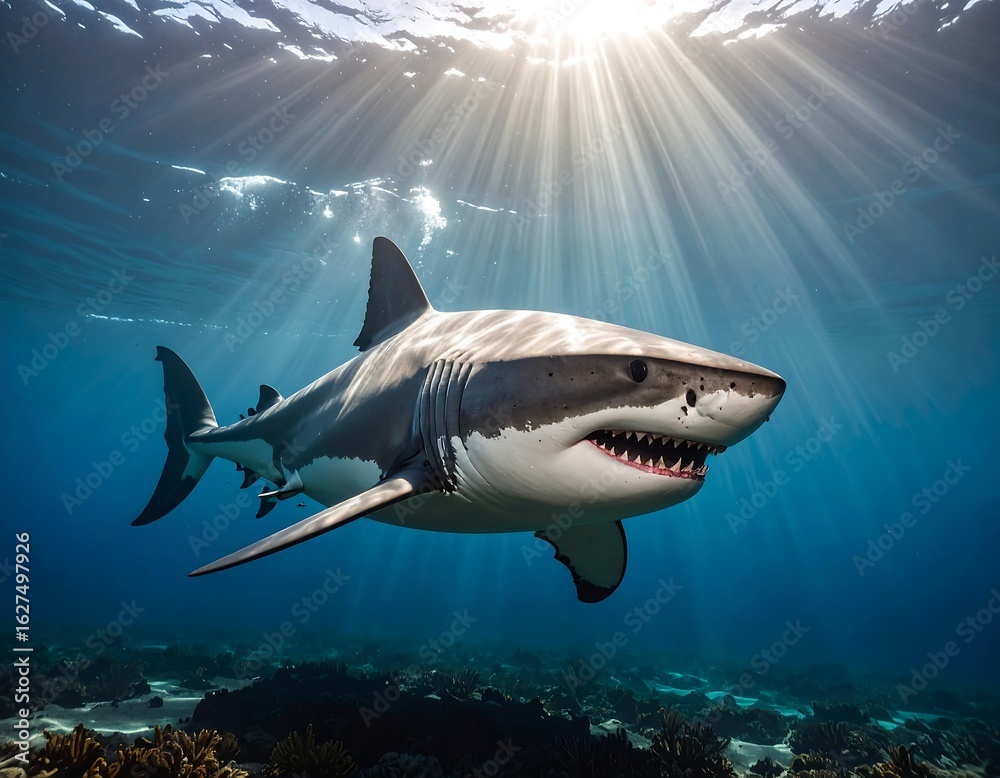 Fototapeta premium Great white shark underwater, sun rays above