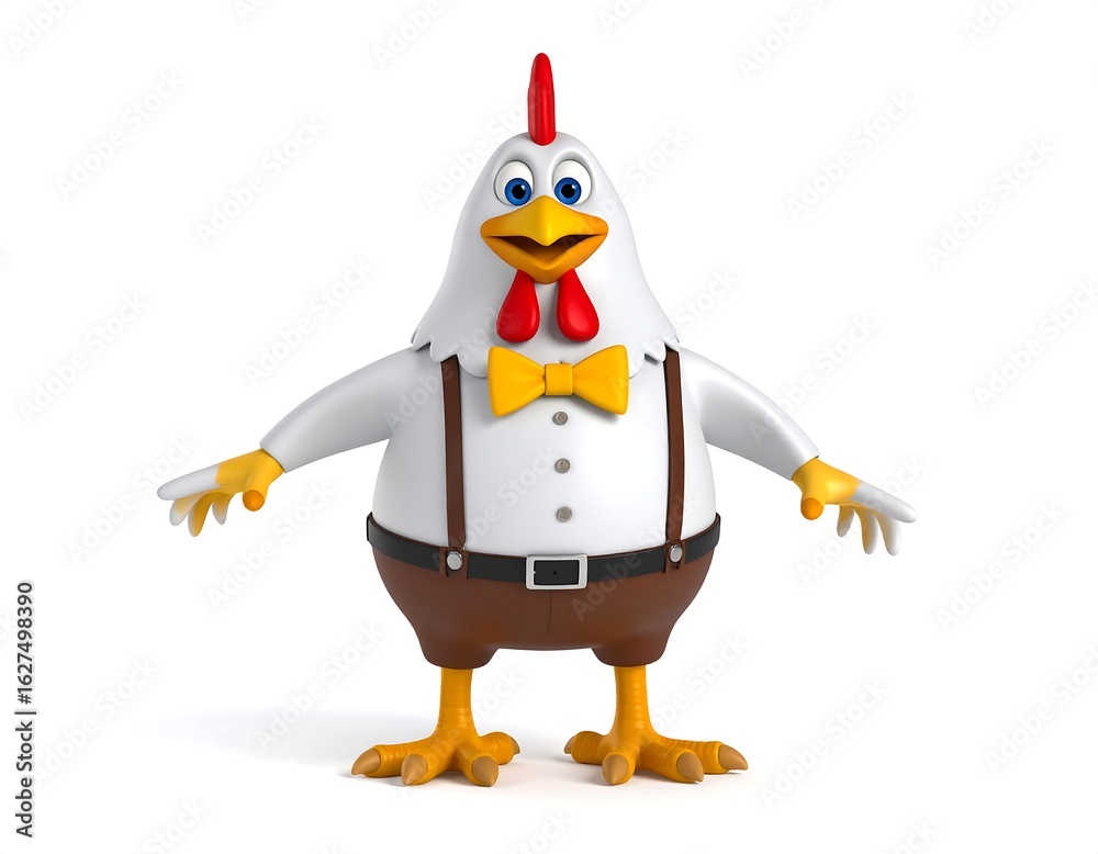 Obraz premium A cheerful cartoon chicken, dressed in a shirt, suspenders, and bow tie, stands against a white background
