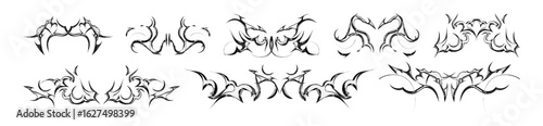 Tribal y2k metal tattoo collection with symmetrical gothic designs for alternative style and body art. Black flame ornaments with sharp edges and metalcore aesthetic. Vector decorative elements