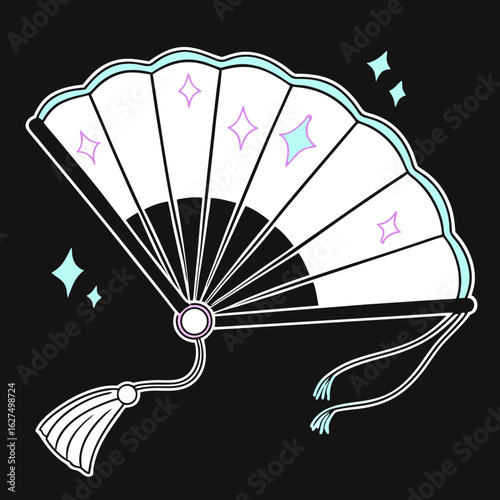 Decorative fan with tassel and glowing outline on black background  