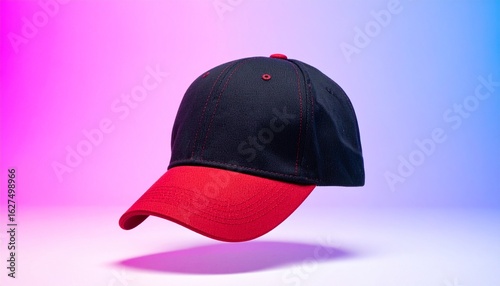 Wallpaper Mural Floating black and red snapback cap mockup template with a futuristic neon light gradient background for design placement. Torontodigital.ca