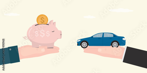 Buy new car with installment, Car leasing or auto loan. Buyer give piggy bank with money, seller give modern blue auto. high cost of servicing or repairing personal vehicle