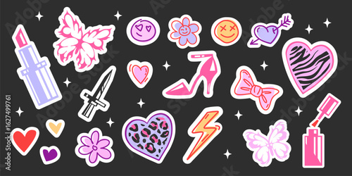 Cute girly icons - y2k sticker set. Lipstick, flower, smiling faces with hearts and high heel shoe for nostalgic vibes. Lightning bolt with butterfly, bow and nail polish for trendy decoration.