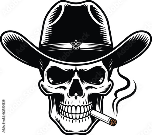 A stylized skull illustration features a cowboy hat adorned with a star and a cigarette, creating a bold and edgy design perfect for tattoos, logos, or graphic elements.