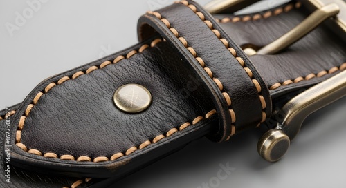 Close-up of a Stylish Brown Leather Belt with Detailed Stitching and Metal Buckle, Fashion Accessory