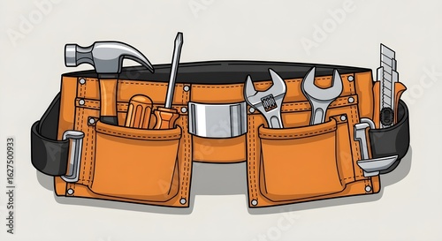 Close-up illustration of a craftsman's orange utility belt filled with various tools like hammers, screwdrivers, wrenches, and a utility knife, ready for construction and DIY projects.